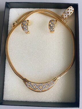 Retro Gold Tone Pave Geometric Statement Jewelry Set Necklace Hoop Earrings Ring